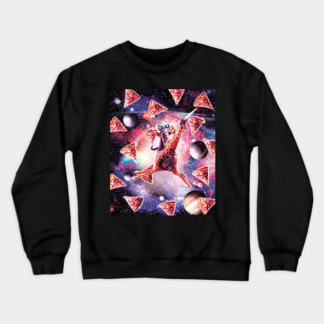 Thug Space Cat On Giraffe Unicorn - Pizza Crewneck Sweatshirt by Random Galaxy